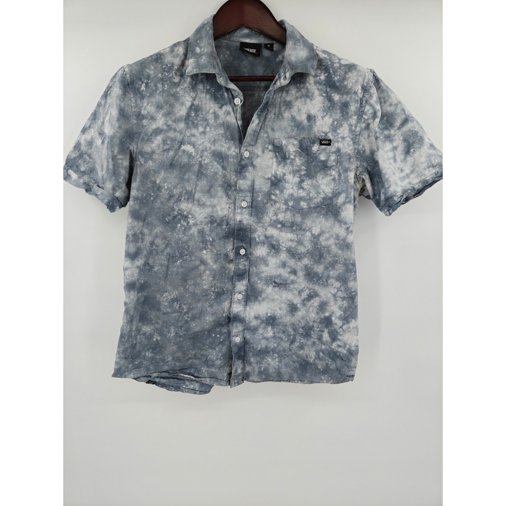 Vans Mens Blue White Tie Dye Short Sleeve Button Down Shirt Peace Sign Logo M